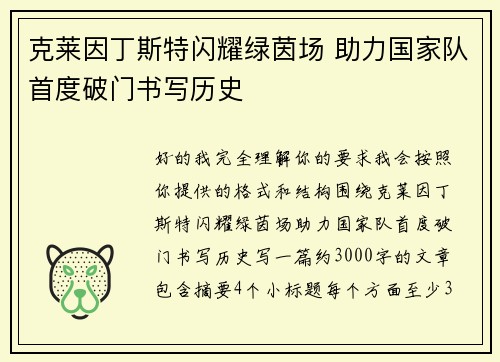 克莱因丁斯特闪耀绿茵场 助力国家队首度破门书写历史 克莱因丁斯特闪耀绿茵场 助力国家队首度破门书写历史