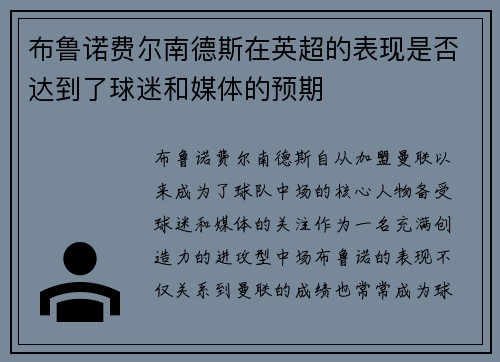 布鲁诺费尔南德斯在英超的表现是否达到了球迷和媒体的预期